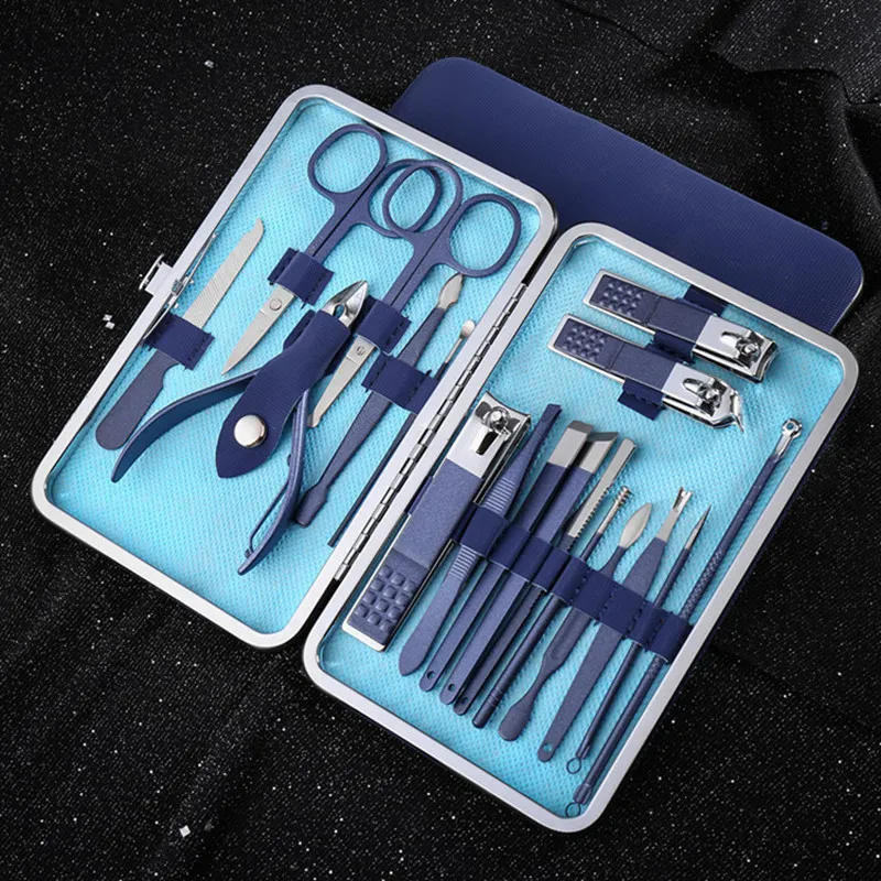 Ensemble de couteaux à ongles bleus en acier inoxydable Ensemble de 18 pièces, ciseaux de pédicure, pince à beauté des ongles, kit cadeau