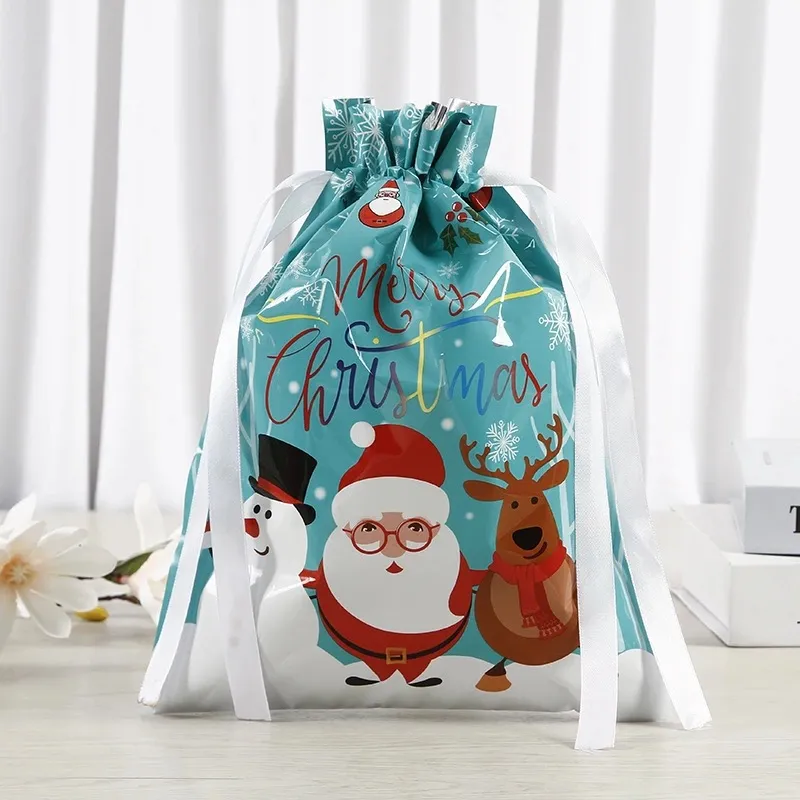 24 * 32 cm Sacchetti per imballaggio regalo di Natale Foglio di alluminio alimentare Biscotti Caramelle Sacchetto di cioccolato Coulisse Santa Ek Pupazzo di neve Accessori Borsa di stoccaggio