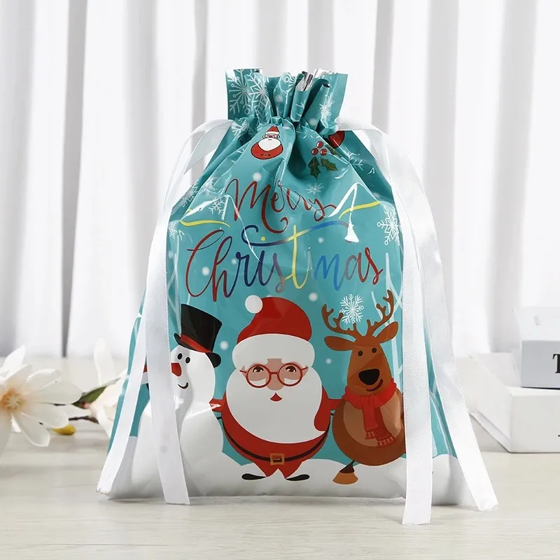 24 * 32cm Julklapp Packaging Väskor Matkvalitet Aluminium Folie Kakor Candy Choklad Pouch Drawstring Santa Ek Snowman Tillbehör Storage Bag