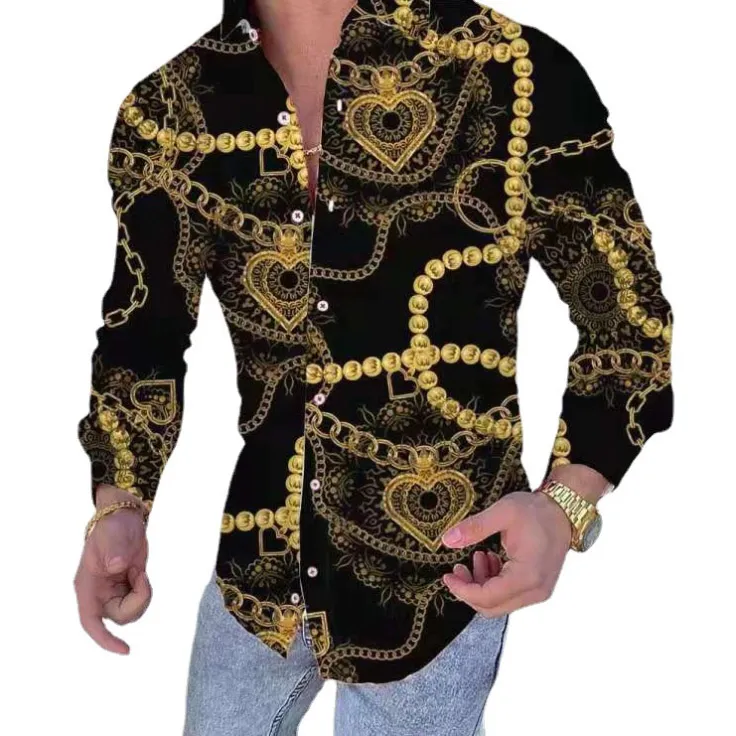 in stock XXXL Blouses summer new European and American shirt men's printed cardigan TOP long sleeved men shirts