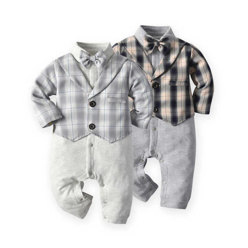 2Pcs Baby Boy Boutique Clothes 1 year Birthday Christening Outfit for Toddler Boys infant Gentleman Bow tie Romper + Plaid Vest 210615