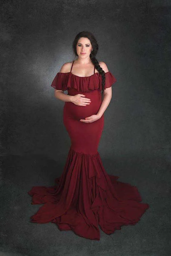 2019 Mermaid Maternity Dresses For Photo Shoot Chiffon Women Pregnancy Dress Photography Props Sexy Off Shoulder Maternity Gown (3)