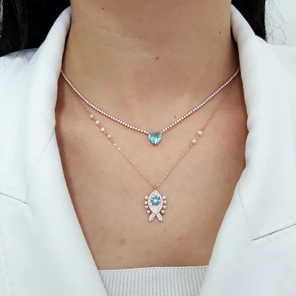 925 Silver Turkish Jewelry Birthday Gift Zircon Evil Eye Fish Necklace For Women Minimalist Style Luxury Designer