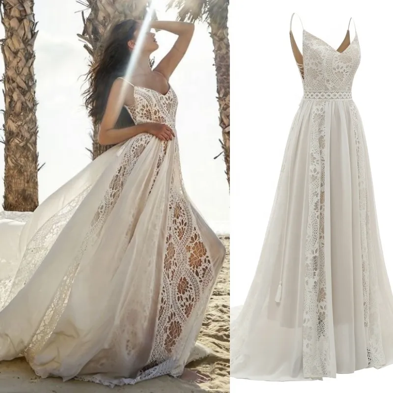 2023 seksowna backless Beach Boho Wedding Sukienka Weddna Linia Ivory Corki Szyfonowe długie suknie ślubne Spaghetti Paski Country Bohemian Bride Sukienki Sukienki Summer