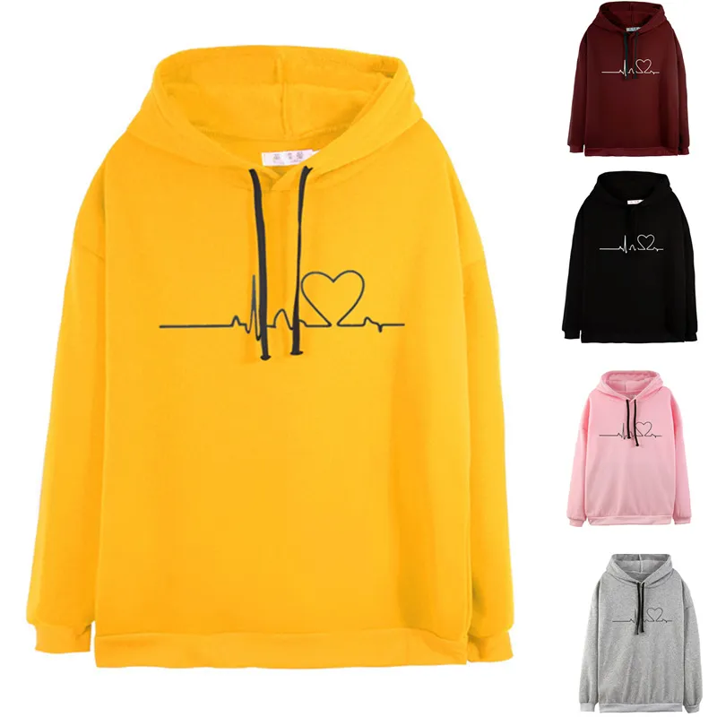 Nowy Plus Size Kobiety Bluza Hoody Moda Moda Panie Z Kapturem Heartbeat Drukowane Swetry Dziewczyny Z Długim Rękawem Jesień Zimowe Ubrania