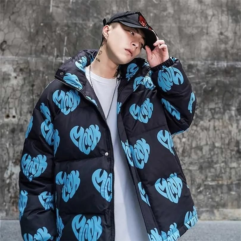 HYBSKR Kalp Grafiği Moda Marka Çift Katlı Yaka Erkek Parkas Boy Hip Hop Kış Ceket Harajuku Pamuk Yastıklı Mont 211214