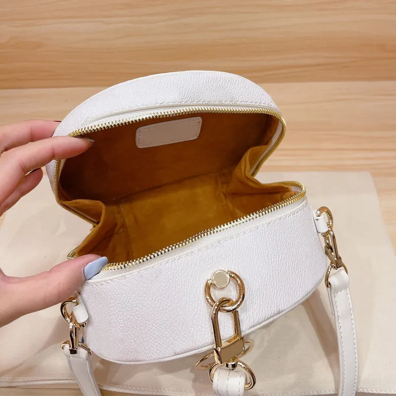 Portable Circle Hand Bag Mini Handbag Purses Fashion Letter Retro Genuine Leather Round Crossbody Bags Zipper Wallets Adjustable Shoulder Strap White Color Clutch