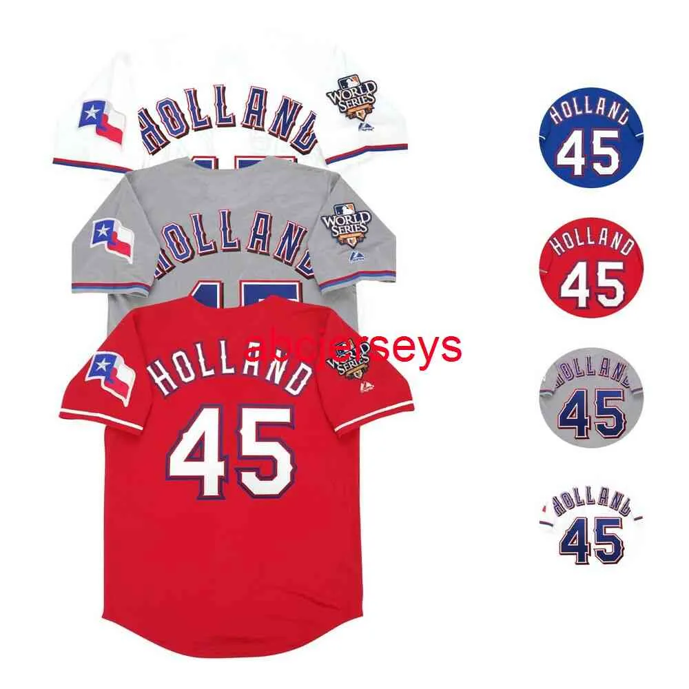 La maglia personalizzata cucita Derek Holland 2010 World Series aggiunge il numero del nome Maglia da baseball
