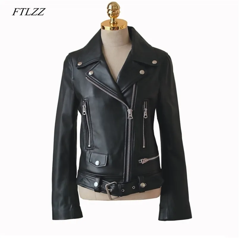 FTLZZ automne femmes veste en cuir Pu femme fermeture éclair ceinture manteau court femme Faux cuir noir moto vêtements d'extérieur veste de motard 220112