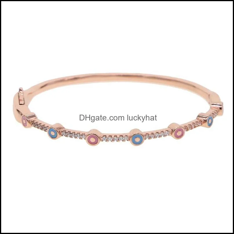 Geomtric Round Charm Rose Gold Color Bezel Setting Sparking Tiny CZ Zircon Crystal Delicate Red Blue Evil Eye Bracelet For Women Link,