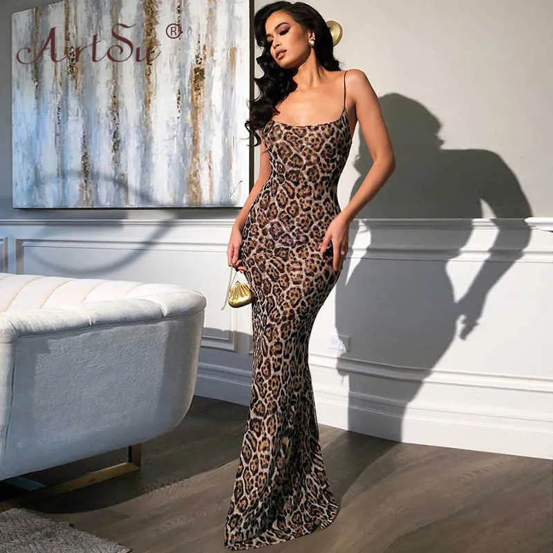 ArtSu bretelles léopard Maxi robes femme fête boîte de nuit U cou robe Sexy dames 2020 été parole longueur sirène longue robe Y0726