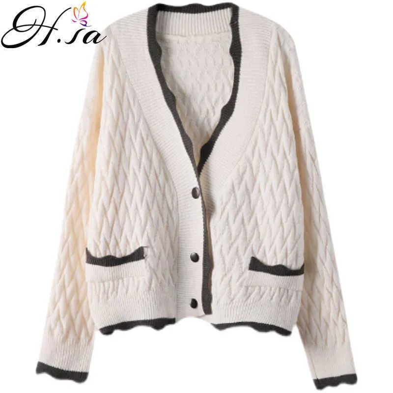 H.SA Mulheres Mulheres Mulheres Camisola Outono Branco Cardigans v Neck Button Up Casual Twisted Coreano Moda Top Femme Jumpers 210716