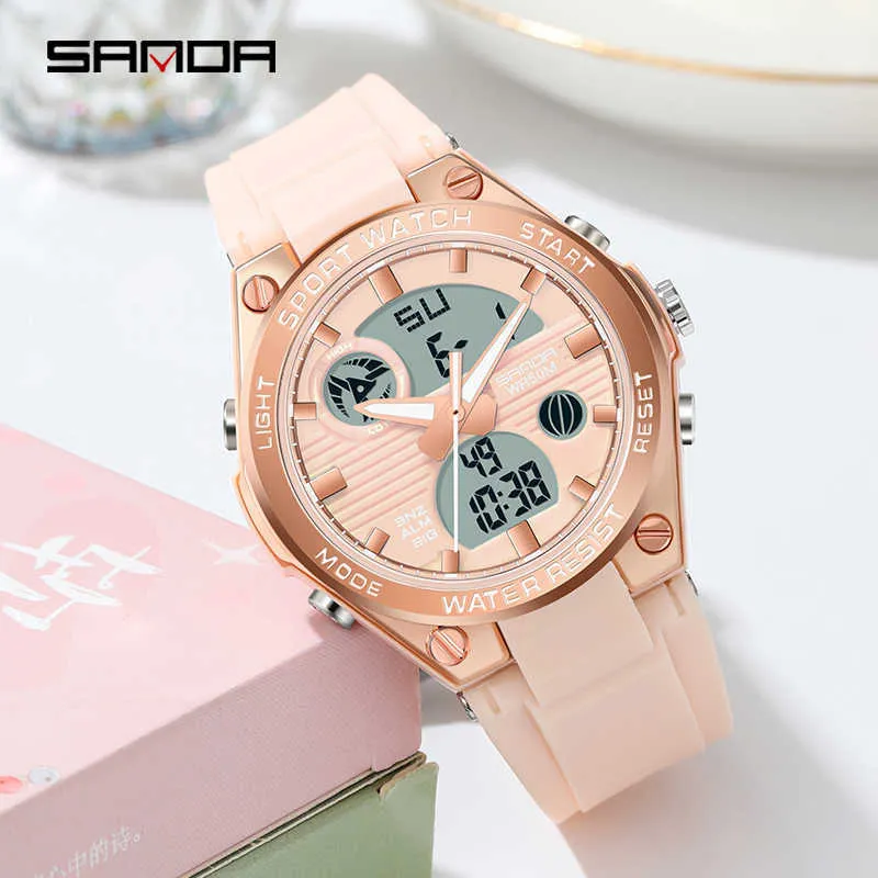 Sanda Top Luxury Brand Двойной дисплей Женские Часы Светодиодные Цифровые Светящиеся Мода Спорт Водонепроницаемые Дамы Часы Relgio Feminino G1022