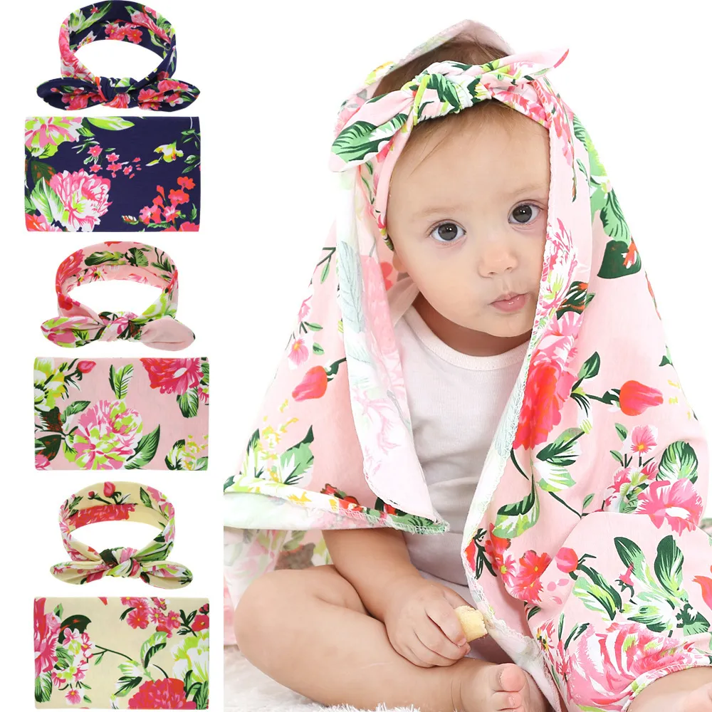 Newborn Baby Swaddling Blankets with Bunny Ear Headbands Infant Floral peony flower Swaddle Wrap Blanket Hairband Set for toddler BHB43