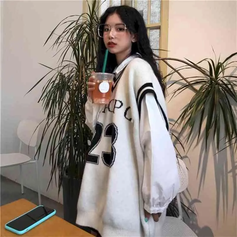 V Yaka Yelek Kazak Kadın Sonbahar Kış Kore Tiki Tarzı Öğrenci Büyük Boy Uzunluğu Kolsuz Kazak Hip Hop Üst 210915