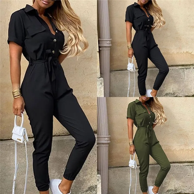 Elegant Solid Jumpsuit Kvinnor Sommar Deep V Neck Knappskjorta Overaller Kortärmad Office Lady One Piece Romper Belt 210317