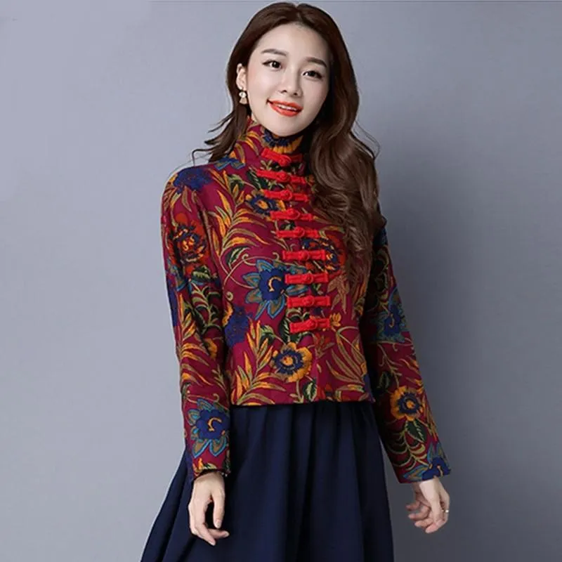 Этническая одежда, женская красная рубашка с цветочным принтом, винтажная блузка, традиционные китайские топы Тан, восточные топы, ретро воротник-стойка, пальто257U