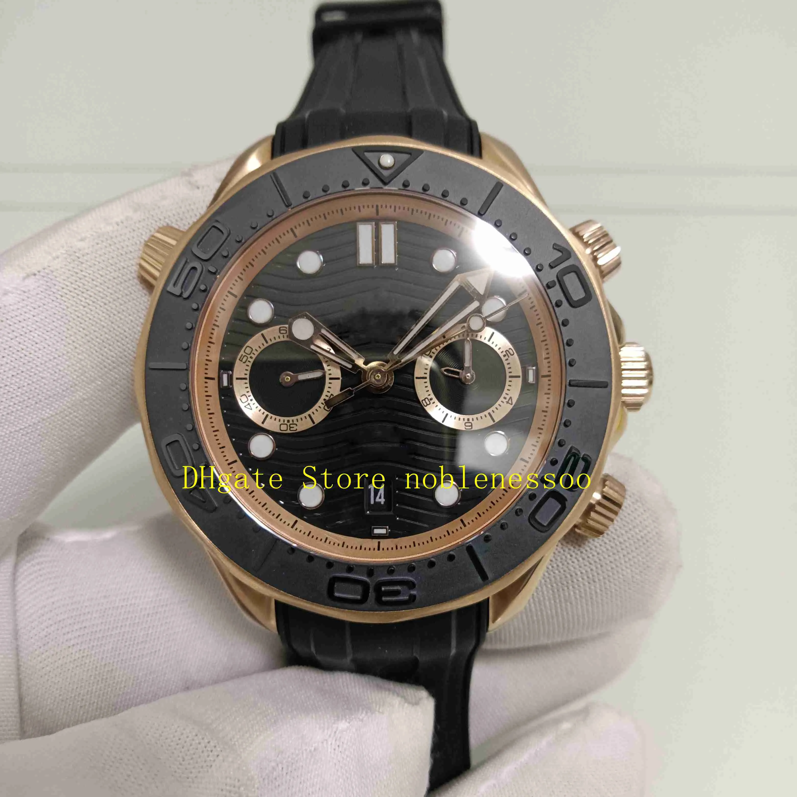 Real Photo CAL.9901 Movement Automatic Chronograph Watch Men's Rose Gold 44mm Black Dial Rubber Bands Eta Mechanical Sport Mens Watches Wristwatches