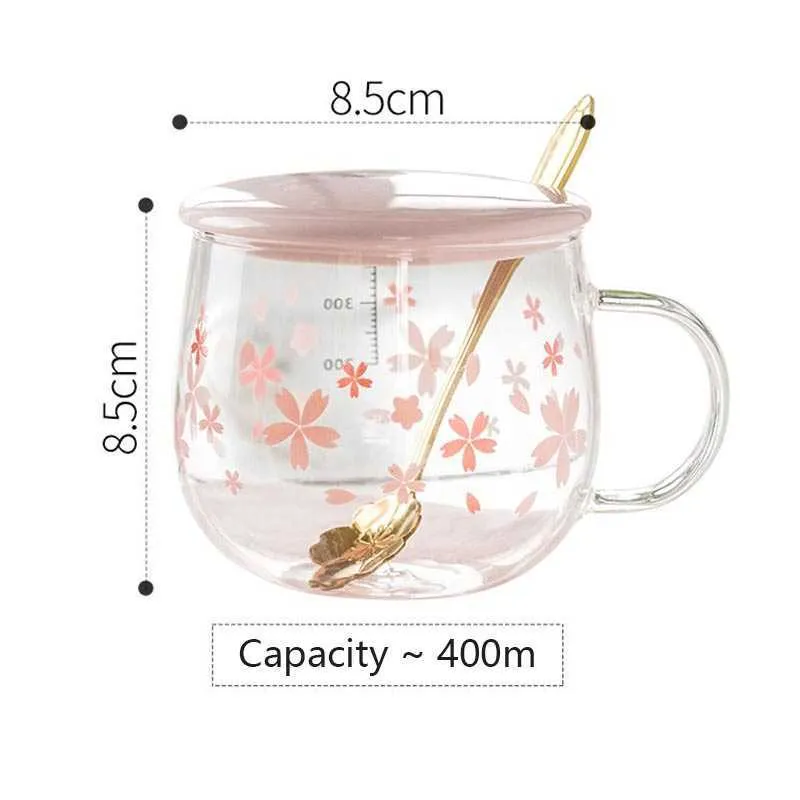 Japan Style Glass Mug Cute Pink Kawaii Cute Drinkware Milk Coffee Water Cup  Kitchen Office Delicate Spoon With Lid Cherry Blossom Mug 210804 From  Xue10, $12.38