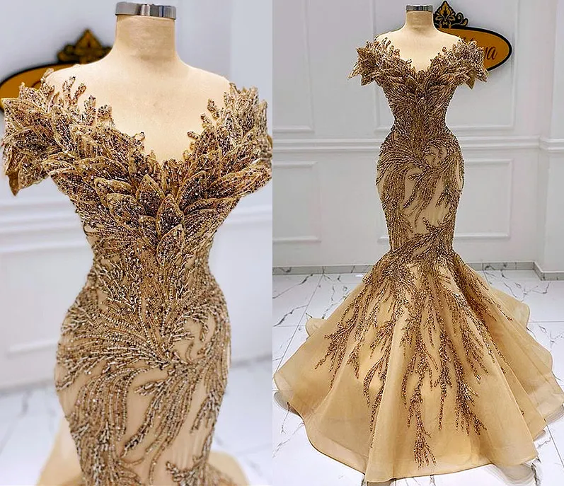 Plus Tamanho 2022 Árabe Aso Ebi Sereia luxuosa de baile de ouro luxuoso Vestidos de miçanga à noite Festa formal Second Reception Dress Dress ZJ335