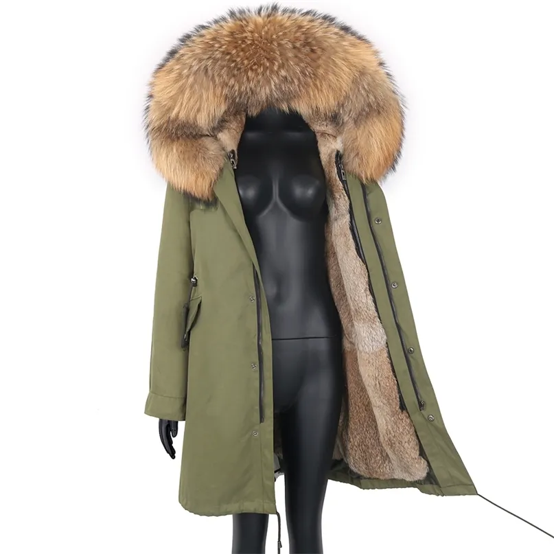Gerçek Kürk Kış Ceket Kadın Moda Gerçek Kürk Liner Uzun Parka Su Geçirmez Doğal Kürk Yaka Hood Kalın Sıcak Coat 211018