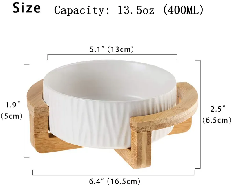 White 6 inch Ceramic Cat Bowl with Wood Stand No Spill Pet Food Water Feeder Cats Small Dogs 400ml