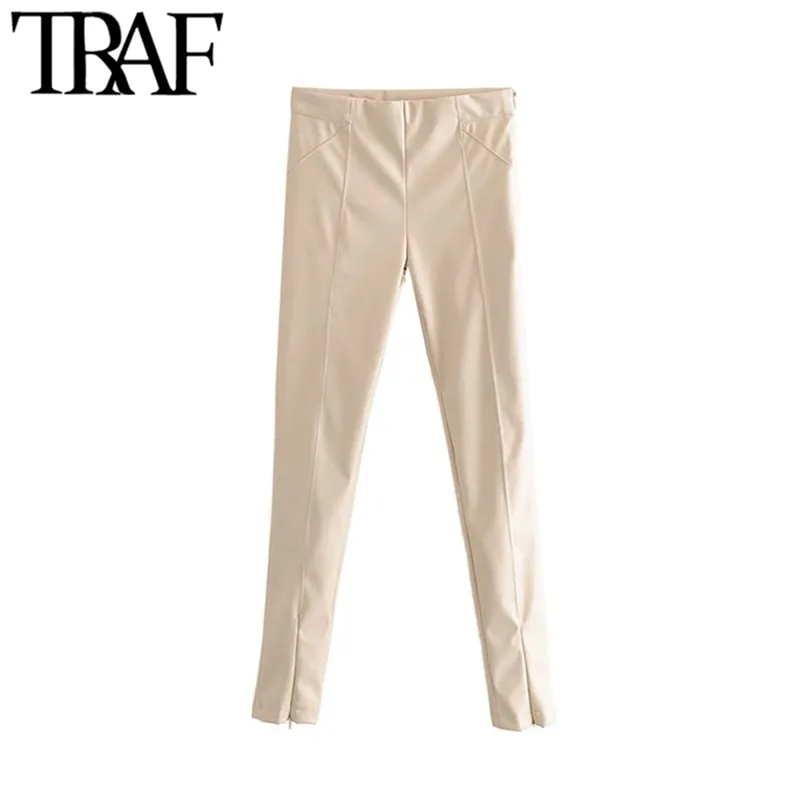 TRAF Mulheres Vintage elegante Faux Pu Couro Skinny Calças Fashion Lateral Zíper Elástica Cintura Elástica Slim Fit Feminino Azul 210721