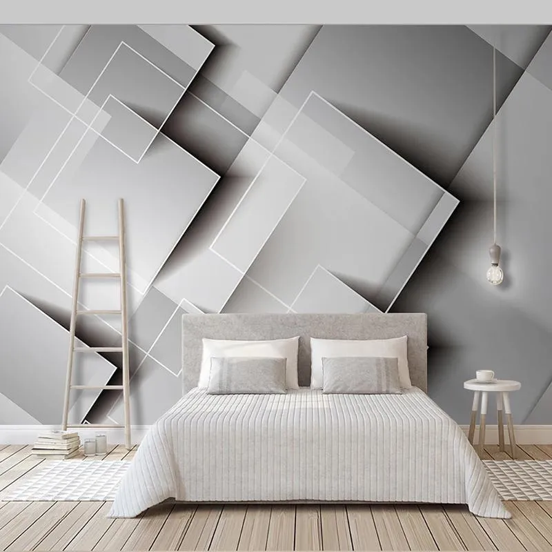 壁紙ポップ壁紙モダンな幾何学的な段階的な変更正方形スプライシンググレーの壁画リビングルームテレビソファーベッドルームバックゴルン壁絵画