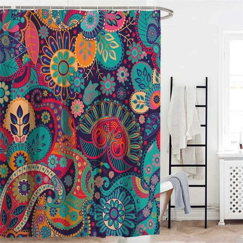 Mandala Çiçek Baskı Duş Perdesi Ev Banyo Dekor Için Bohemian Geometri Su Geçirmez Kumaş Banyo Perdesi ile 12 Kanca 180 cm 211116