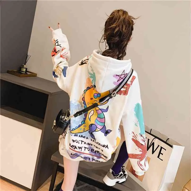 Women hooded graffiti print plus velvet thick ladies ins super fire lazy style jacket spring and autumn thin 210805