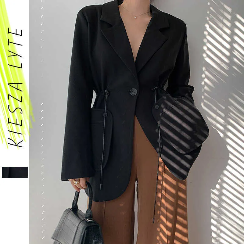 Women Chic Black Blazer Casual Drawstring Single Button Office Ladies Pockets Suit Jacket Female Spring Blazers 210608