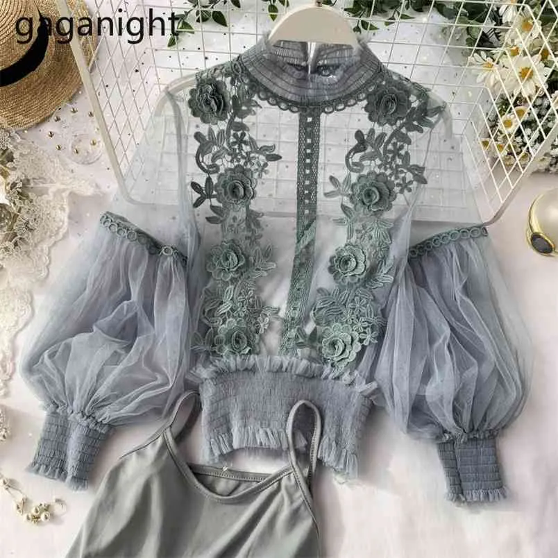 Été femmes dentelle Floral Blouses Sexy dames maille Blouse hauts Transparent élégant transparent chemise Camis 2 pièces ensemble 210601