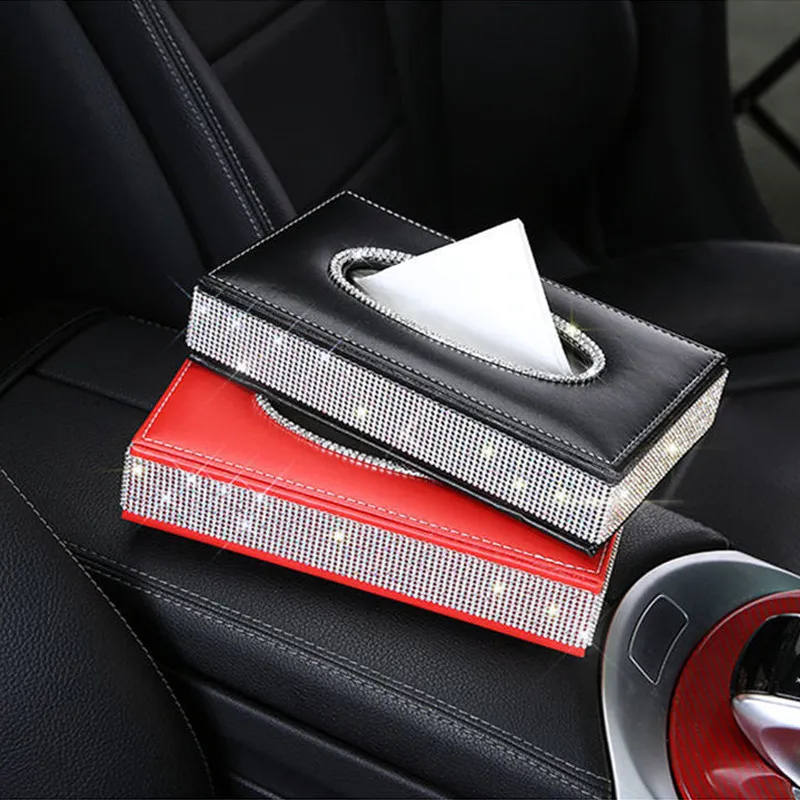 2021 New Luxury Leather Diamond Box Napkin Tissue Decor Car Accessories Auto Paper Holder Storage