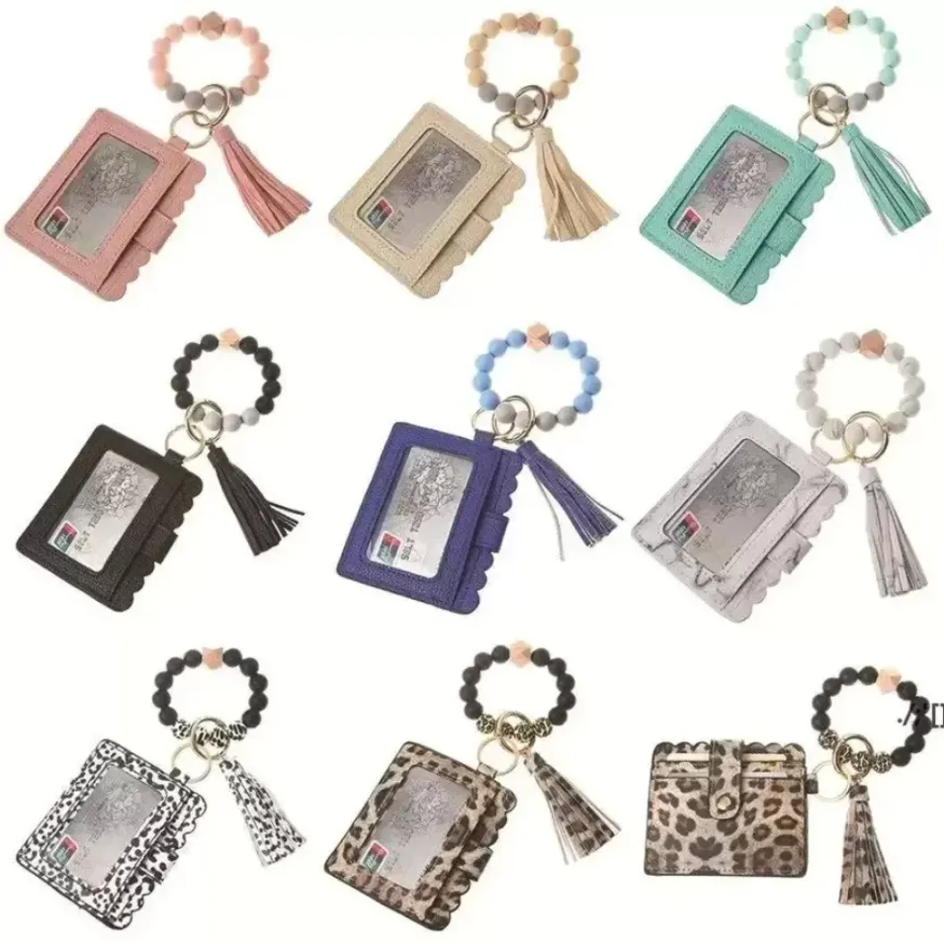 Stock Leather Bracelet Wallet Keychain Party Favor Tassels Bangle Key Ring Holder Card Bag Silicone Beaded Wristlet Keychains xu