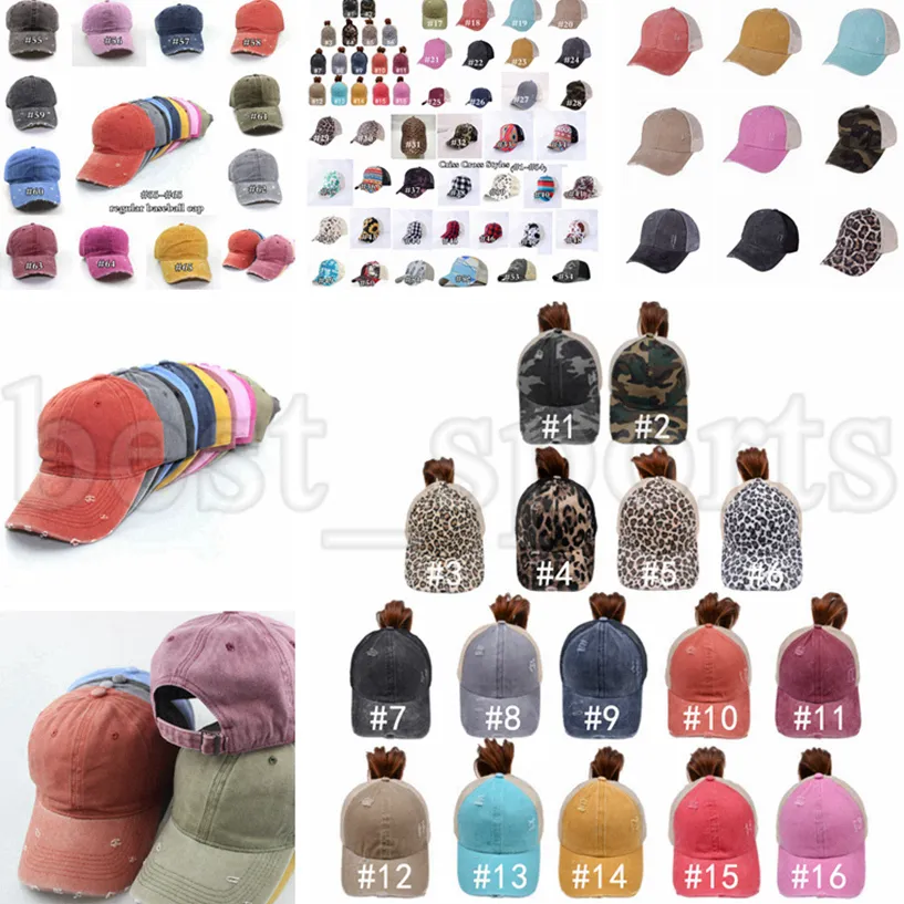 Casquette de baseball en queue de cheval 65 styles Cross Back Washed Distressed Ponycaps Messy Buns Trucker Mesh Hats ZZA3225