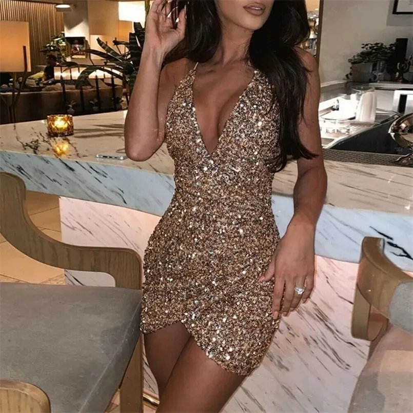 Sexy Frauen Pailletten Glitzer Sparkle Tiefer V-Ausschnitt Halter Rückenfrei Figurbetontes kurzes Minikleid Abend Party Wrap Hip Paket Kleid 220311