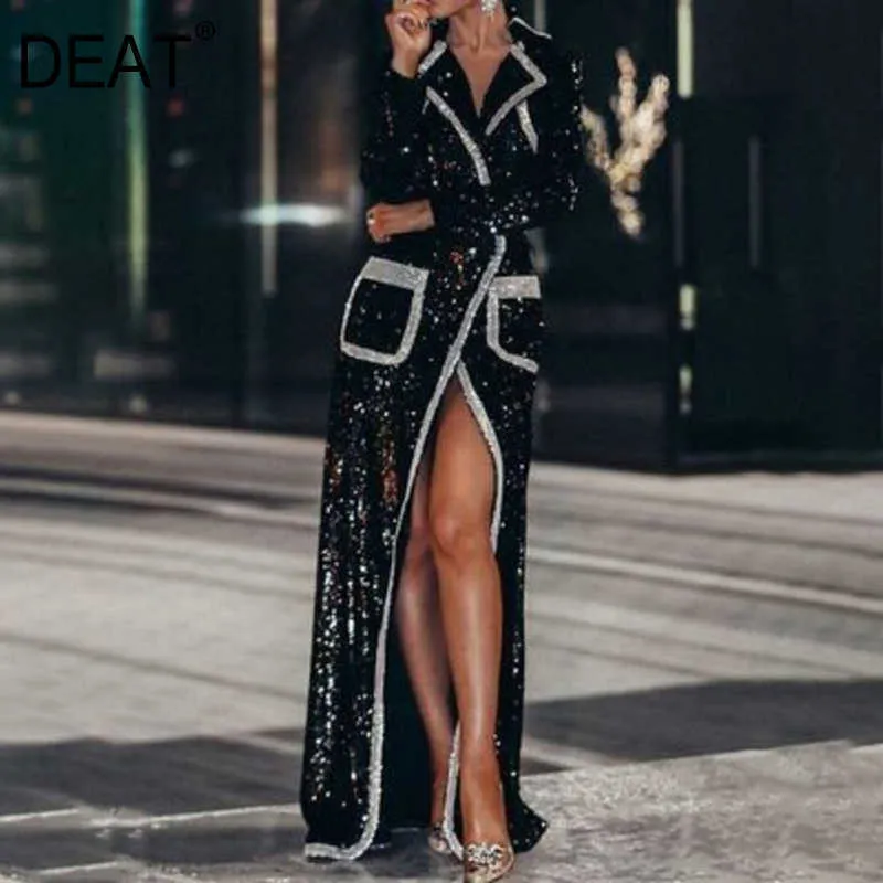 [DEAT] Summer Fashion scollo a V vita alta paillettes lunghezza del pavimento manica lunga impiombatura abito a forcella divisa donna 13Q061 210527