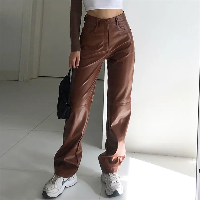 Высокие талированные PU кожаные брюки женщин Jogger повседневная мода боковые карманы прямые широкие ногой свободные винтажные коричневые брюки 210925