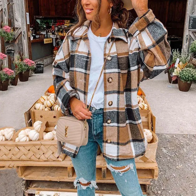 Herbst Plaid Jacke Frauen Overshirt Lange Karierten Weiblichen Ärmel Winter Mantel Hemd Für