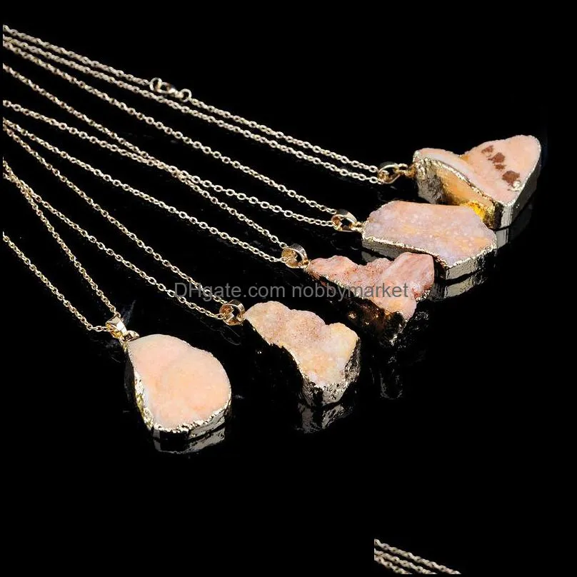 Fashion Natural Crystal Quartz Stone necklaces Geometric Druzy Healing gemstone pendant Gold chain necklace For Ladies modish Jewelry