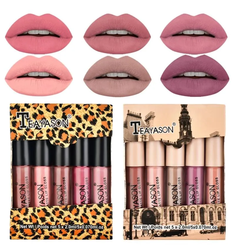 Teyason 5pcs naken matt flytande läppstift set sexig röd sammet läppglans vattentät långvarig makeup läppar nyans kosmetisk skönhet