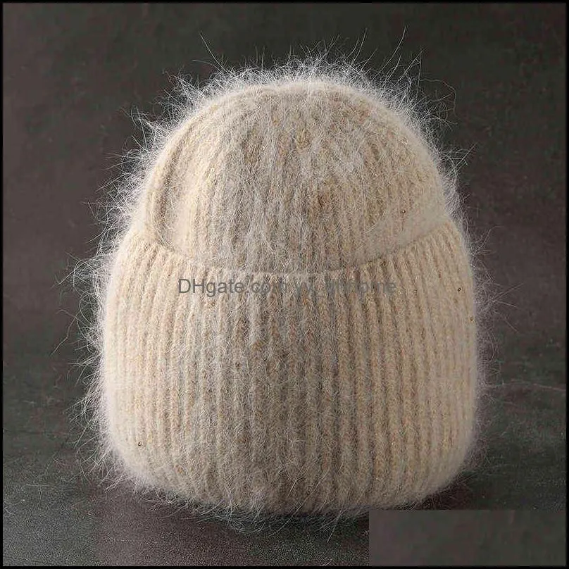 Rabbit Fur Fluffy Soft Winter Hat for Women Cashmere Wool Cap Female Knitted Skullies Beanies Warm Knit Hat Bonnet Wholesale 211228