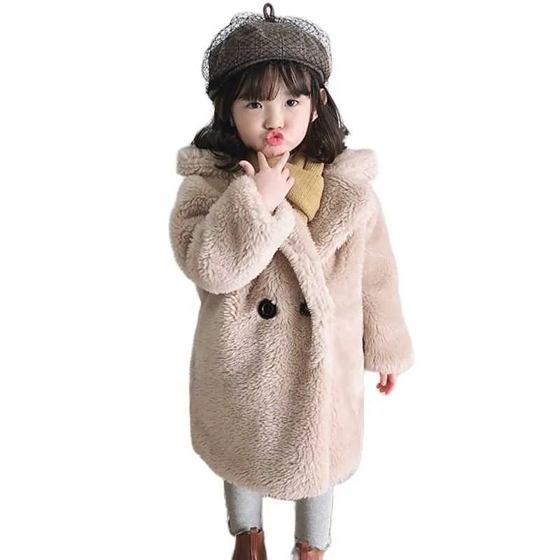 2-14 Jahre Kinder Faux Pelzmantel Kinder Umlegekragen Dicke Warme Jacke Mädchen Lange Mantel Winter Teenager Mädchen Casual Outwear H0909