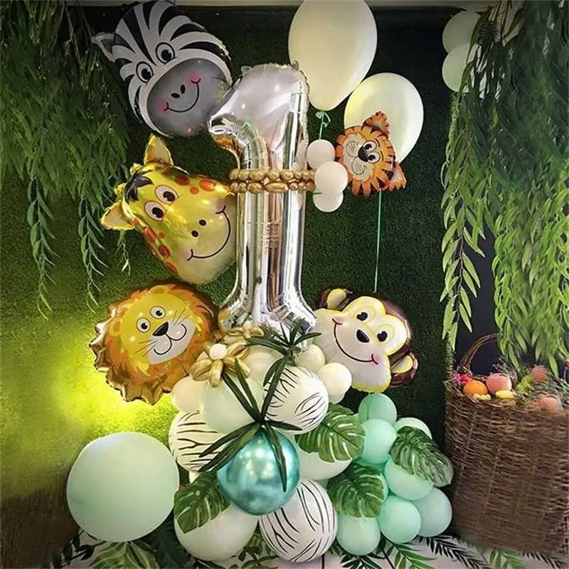 48 stks / set Jungle Animal Party Folie Nummer Ballonnen Set Forest Safari Jungle Giraffe Kinderen 1-9th Verjaardag Decors Globos 211216