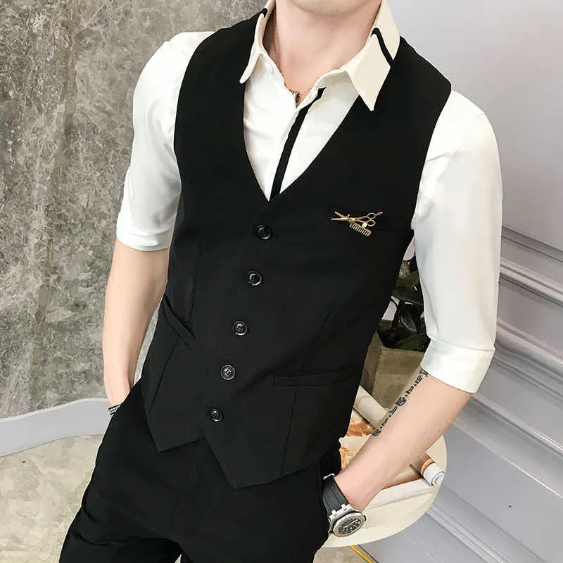 Plus Size Waistcoat Nightclub Work Colete Homens Casuais Sem Mangas Slim Fit Smoking Coletes Dupla Breasted Work Uniform Roupas 210527