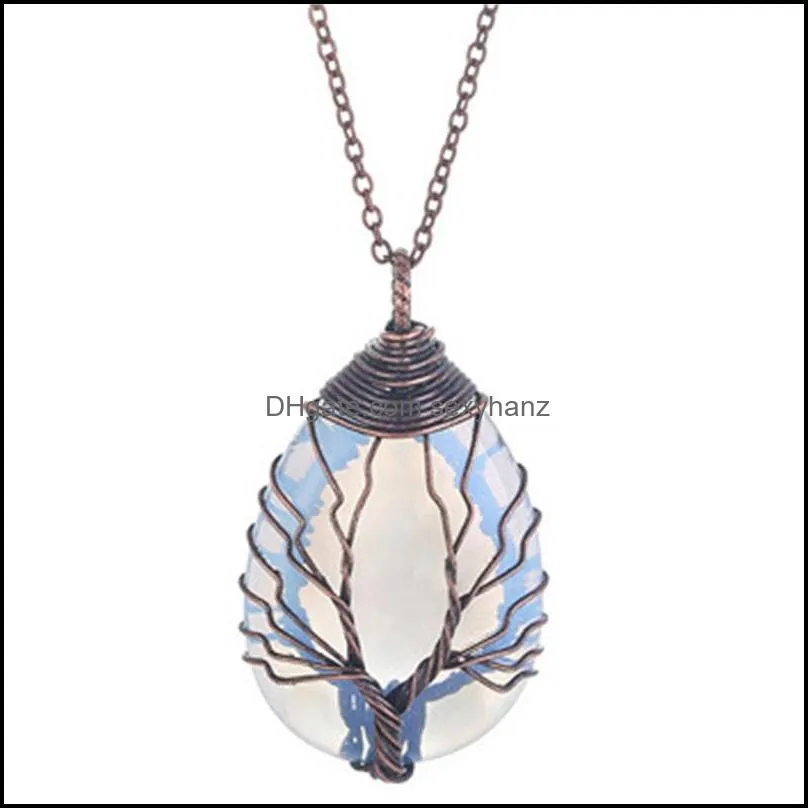 Wire Wrapped tree of life Chakra waterdrop Pendant Healing Crystal Energy Stone Quartz Necklaces Fashion Women Men Jewelry Wholesale