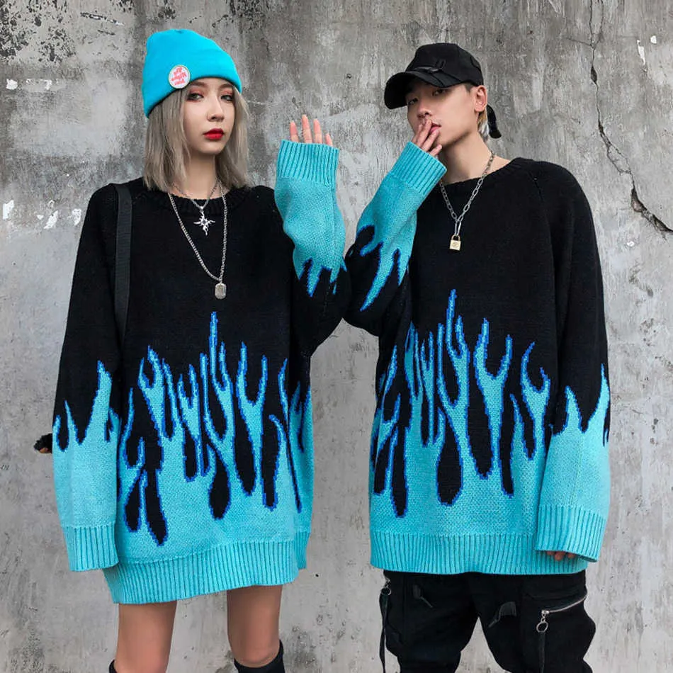 Automne nouveaux hommes rétro flamme motif Hip Hop chandails pull Spandex o-cou surdimensionné Couple décontracté Streetwear Y0907