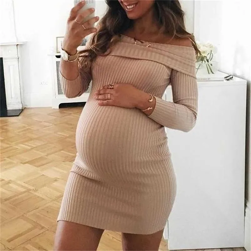 Effen kleur gebreide moederschap jurk off schouder maxi zwangere vrouwen jurken knie lange strakke bodysuit baby shower photoshoot fotografie rekwisieten GT859VP