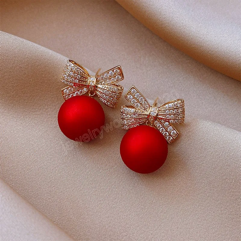 Fashion Christmas Stud Earrings for Women Girl Red Pearl Crystal Bowknot Earring Jewelry Gift