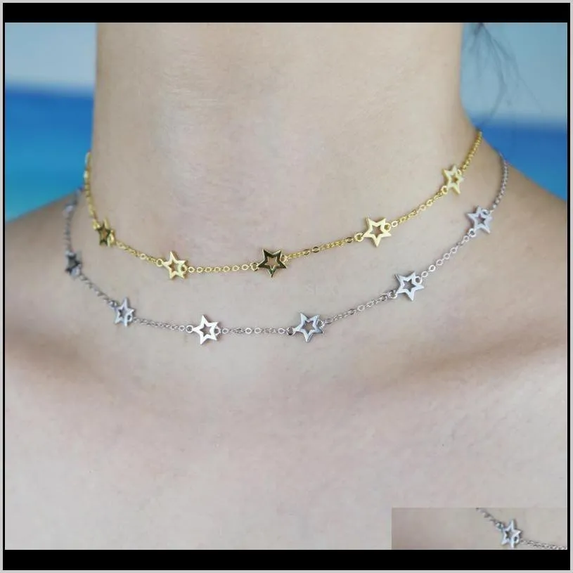 delicate dainty classic fine 925 sterling silver jewelry tiny hollow star charm thin silver link chain star choker necklace 925